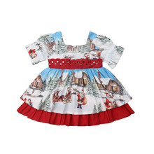 2020 детское рождественское платье принцессы в стиле ретро для маленьких девочек, платье с принтом Санта-Клауса и пышными рукавами, вечерние жевное бальное платье с бантом на спине для вечеринки, свободное платье, женское 2024 - купить недорого