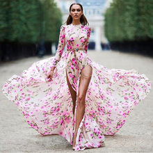 Fashion Floral  Bohemian Maxi Dresses for Women  O Neck  Long Sleeve Summer Beach Dresses Sashes  Vestidos 2024 - buy cheap