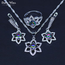 Conjuntos de joias de zircônio cúbico fogo arco-íris místico prata mulheres conjunto de joias de fantasia brincos/pingente/colar/anéis 2024 - compre barato
