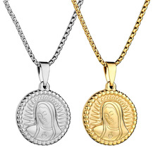 Colgante de acero inoxidable con forma de moneda Ovalada para mujer, joya de la Virgen María, Color plateado, cadena, joyería de la diosa de la religión 2024 - compra barato