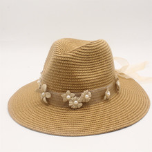 Black Panama hat for Women Straw CAP Floral Pearl Sun hat Elegant Lady Sun Visor Cap Wide Brim Gangster Beach Hats 2024 - buy cheap