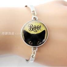 Boo! Halloween gatinho samhain gatinho preto truque ou traça vidro cabochão joias fofo gatinho metal pulseira para mulheres presente 2024 - compre barato