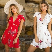 Mulheres quentes férias praia floral impressão mini vestido de manga curta com decote em v festa de verão noite solta sundress 2024 - compre barato