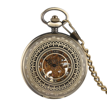 Мужские карманные часы с резьбой из бронзы, мужские карманные часы с механическим механизмом для мальчиков, карманные часы с полыми римскими цифрами и золотой рамкой 2024 - купить недорого
