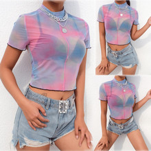 Women Sexy Rainbow  Color See Through Cropped T-Shirt Transparent Mesh Stand Neck Short Sleeve Sheer T Shirt Ladies Tops Tee S-L 2024 - buy cheap