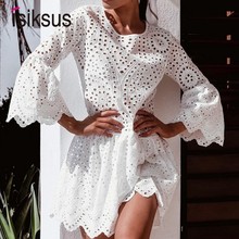 Isiksus Women Lace Embroidery Sexy Dress Ruffle Sleeve Causal White Cotton Mini Dresses Hollow Out Short Dress Vestidos DR201 2024 - buy cheap