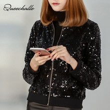 Queechalle Autumn Casual Baseball Jackets Black Sequins Bomber Jacket Women Basic Coats Female Long Sleeve Fashion Outerwear 2024 - buy cheap