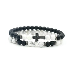 2Pcs/Set Natural Black White Stone 6 mm Beaded Strand Cross Bracelets For Men Women Jewelry 2024 - buy cheap