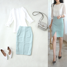 Women two piece outfits female summer newchiffon seven-point sleeve small shirt light blue split fork hip pencil skirt two-piece 2024 - buy cheap