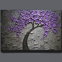 Pintura a óleo feita à mão em tela flor roxa árvore pintura a óleo moderna abstrata arte de parede sala de estar pintura de faca 2024 - compre barato