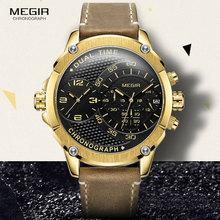 Часы MEGIR Мужские кварцевые с хронографом, спортивные водонепроницаемые светящиеся армейские наручные, с кожаным ремешком, с двойным часовым поясом, 2093GGD 2024 - купить недорого