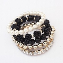 Hot Sale Simulated-Pearl Black Beads Rose Pendant Stretch Bracelets & Bangles For Women 2024 - buy cheap