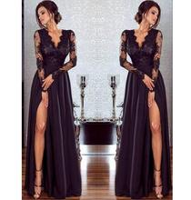 Black Sexy Lace Women Summer Maxi Split Dresses Vestidos Elegant Long Sleeve V-Neck Floor-Length Evening Party Dress 2024 - buy cheap