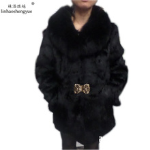 Linhaoshengyue Fox Collar Natural Real Rabbit Fur Coat Long Sleeve 2024 - buy cheap