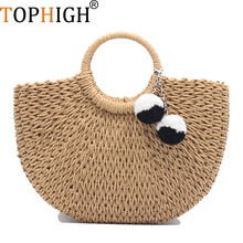 TOPHIGH Round Straw Bag Popularity Basket Bag Women Hand Woven Beach Bag Natural Oval Large Big Tote Circle Handbag Dropshipping 2024 - buy cheap