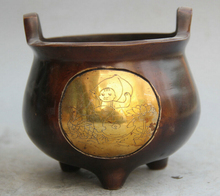 song voge gem S2467 6" Marked Chinese Bronze Gild Tong Zi Boy flower handle Incense Burner Censer 2024 - buy cheap