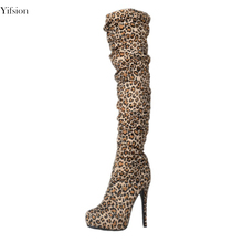 Olomm botas plataforma femininas, botas plataforma acima dos joelhos, sexy, salto alto fino, leopardo, bico redondo, sapatos casuais femininos, tamanhos americano 4-15 2024 - compre barato