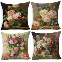 Vintage Style Oil Painting Flowers Printed Cushion Cover Nordic Birds Vase Art Home Decorative Sofa Car Chair Throw Pillow Case 2024 - купить недорого