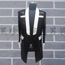 Preto homem ternos projetos homme térno trajes de palco para cantores homens lantejoulas blazer dança roupas compridas jaqueta estilo vestido rocha 2024 - compre barato