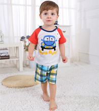 Ropa de verano para niños pequeños, chándal de algodón con estampado de coche, camiseta + Pantalones cortos a cuadros, 2 uds., ropa informal de dibujos animados para niños DS19 2024 - compra barato