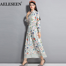 AELESEEN Fashion Runway Long Dresses Women Elegant 2021 Spring Autumn New Beige Bow Floral Elastic Bohemian Long Dress 2024 - buy cheap