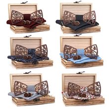 Black Walnut Flower Hollowed Bow Tie Men Wedding Party Business Wood Bow Tie Set Handkerchief Cufflinks 2024 - buy cheap