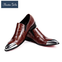 Zapatos planos de piel auténtica para hombre, mocasines con punta de Metal, color marrón, para boda y fiesta 2024 - compra barato