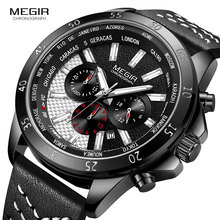 Megir relógio esportivo masculino com cronógrafo, de quartzo com pulseira de couro, exército, à prova d'água, luminoso, preto 2103 2024 - compre barato