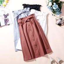 PEONFLY New 2019 Summer Skirts Women Elegant Mid Calf Korean Button High Waist Skirts Female Solid Pleated School Skirts 2024 - buy cheap