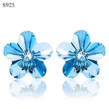 Pendientes tipo botón de plata fina para mujer, joyería con flor azul austriaco, cristal, bisutería auténtica, puro sólido 925 2024 - compra barato