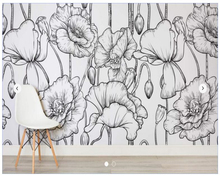 Papel de parede floral personalizado, flores ilustradas em preto e branco para sala de estar decoração de parede em vinil 2024 - compre barato