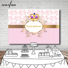 Sensfun Pink Princess Crown Photography Backdrop Flower Printing Striped Gold Frame Birthday Party Backgrounds 7x5FT Vinyl 2024 - buy cheap