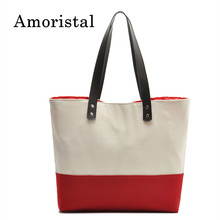 Casual Tote Women Canvas Bags 2018 Beige Red Contrast Color Shoulder Bag Female Casual Tote Shopping Big Bag Messenger Bags B110 2024 - buy cheap