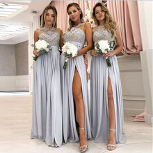 Elegant A-line Round Neck Long Chiffon Bridesmaid Party Dresses With Appliques Lace Sexy Side Slit Women Formal Party Gowns 2024 - buy cheap