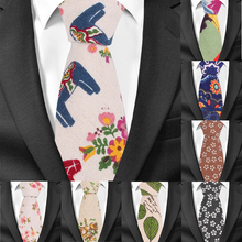 Corbatas impresas con flores para hombre, corbatas impresas formales de algodón y lino, ajustadas para bodas, de 6cm de ancho, corbata de cuello de novio ajustada 2024 - compra barato