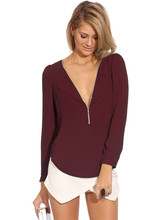 Hot Sale Women Blouses Zip Shirt Casual Long Sleeve V-neck Solid Color Chiffon Blouse Summer Autumn Female Blouse 2018 2024 - buy cheap