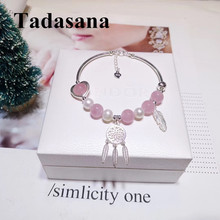 Pulseira feminina de quartzo rosa, joias com pedras naturais, com pingente de folha e pérola, bracelete para dia dos namorados 2024 - compre barato