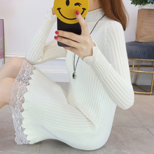 2019 Autumn Winter Knitted Pullover Dresses Women Slim Lace Stitching Stretch Knit Sweater Dress Women HK103 2024 - buy cheap