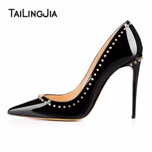 Salto alto feminino bico fino, calçado de festa com rebites em couro patenteado individualista stilettos 2024 - compre barato