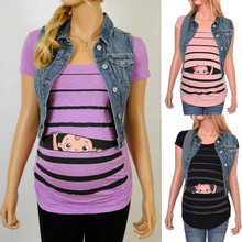 Одежда для беременных женщин, модная симпатичная футболка в полоску с коротким рукавом и забавным принтом для беременных, Прямая поставка 2024 - купить недорого