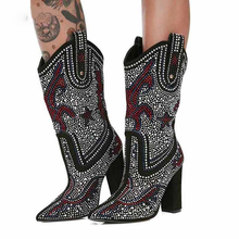 Bling Multi Crystal Drilled Pentagram Denim Boots Pointed Toe Chunky Heels Martin Boots Zapatos Full Rhinestone Knight Boots 2024 - buy cheap