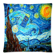 45x45 cm Personalizado Tardis de Doctor Who & Trabalho de Vincent Van Gogh dois Lado Impresso Poliéster Capa de Almofada Para O Sofá Em Casa Travesseiro cobrir 2024 - compre barato