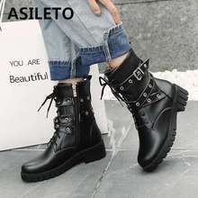 ASILETO size 33-44 Gothic women's ankle boots platform square mid heels shoes female riding motocross booties zipper lace up 2024 - buy cheap