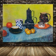 Esmalte coffeepot faiança e frutas de vincent van gogh reprodução pintura a óleo na lona arte da parede para decoração de casa 2024 - compre barato
