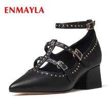 ENMAYLA-zapatos de piel auténtica para mujer, Punta puntiaguda, informales, tacón cuadrado, hebilla Correa mujer, tacones sexys, talla 34-42, ZYL2062 2024 - compra barato