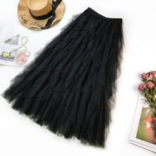 Fashion Tutu Tulle Skirt Women Long Maxi Skirt 2019 Spring Summer Korean Black Pink High Waist Pleated Skirt Female 2024 - buy cheap