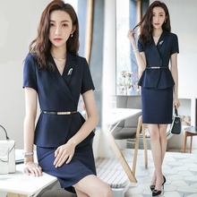 Minifalda azul marino para mujer, traje de negocios de manga corta, Diseños de uniformes de oficina, DD2040 2024 - compra barato