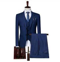 (Jacket+Vest+Pants)2019 Blue Plaid Striped Mens Fashion Tuxedo Suit Men's Skinny Business Suit Costume Wedding Tailored Fit Suit 2024 - buy cheap