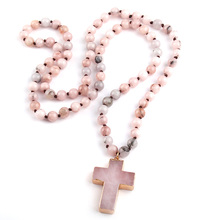 Fashion Bohemian Tribal Jewelry Pink Stones Beads Knotted Cross Pendant Necklace For Women 2024 - buy cheap