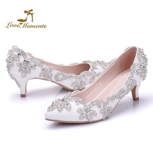 Zapatos y vestido de novia de Color blanco para mujer, tacón de gatito de 2 pulgadas, zapatos para fiesta de graduación, diamantes de imitación hechos a mano, tacones de talla grande 9 10 2024 - compra barato